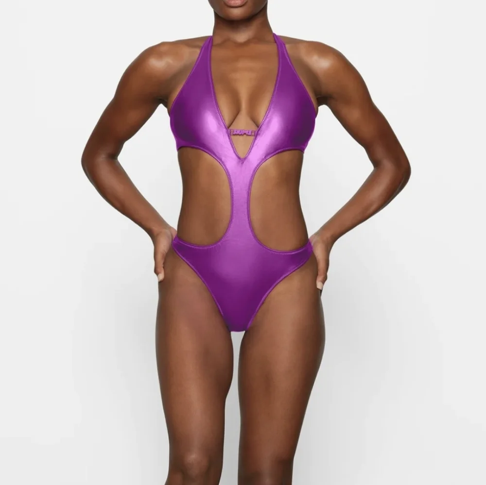 NWT SKIMS METALLIC SWIM HALTER MONOKINI IN DRAGONFRUIT